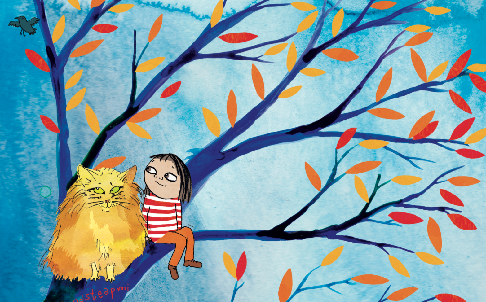 Illustration med en katt och ett barn som sitter i ett träd